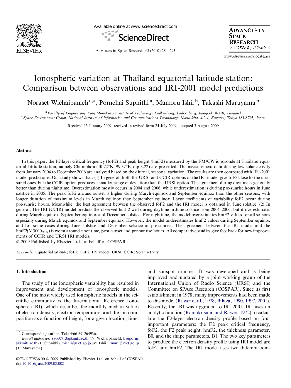 Ionospheric variation at Thailand equatorial latitude station: Comparison between observations and IRI-2001 model predictions