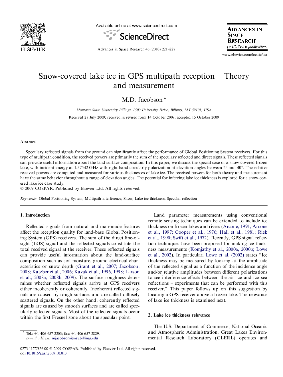 Snow-covered lake ice in GPS multipath reception – Theory and measurement