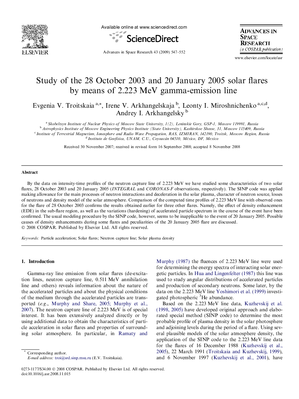 Study of the 28 October 2003 and 20 January 2005 solar flares by means of 2.223 MeV gamma-emission line