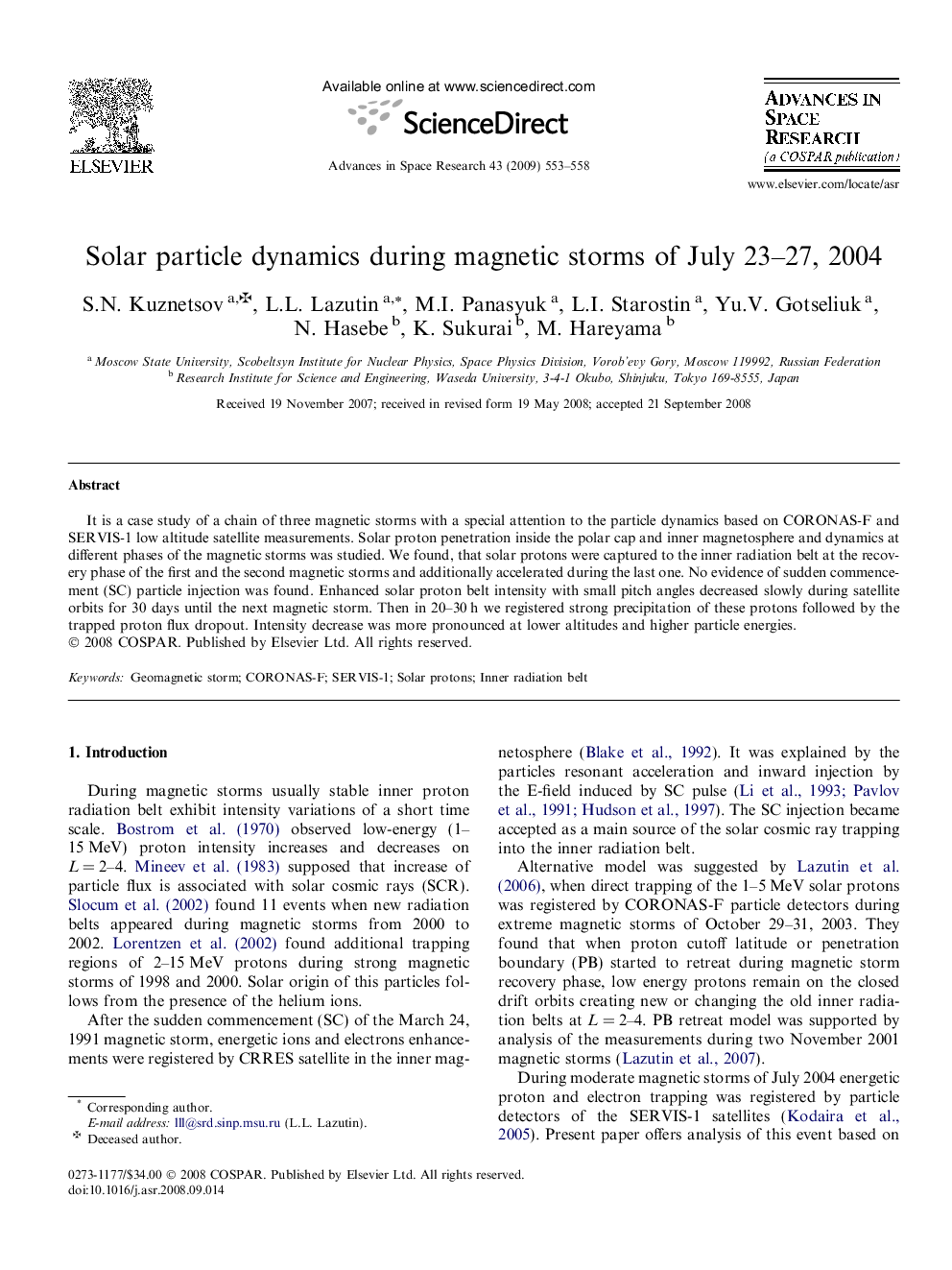 Solar particle dynamics during magnetic storms of July 23–27, 2004