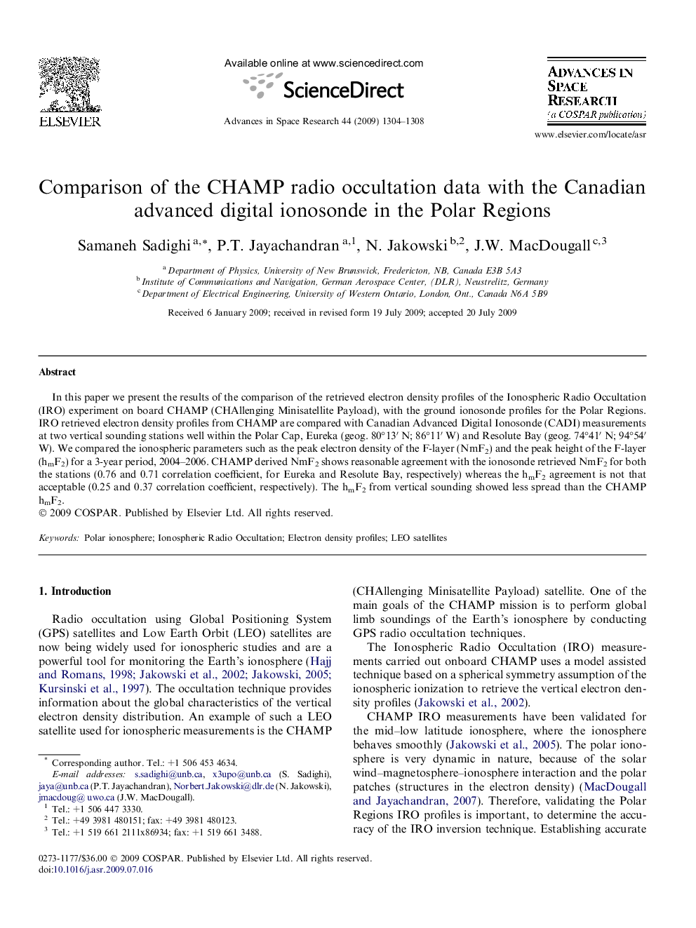 Comparison of the CHAMP radio occultation data with the Canadian advanced digital ionosonde in the Polar Regions