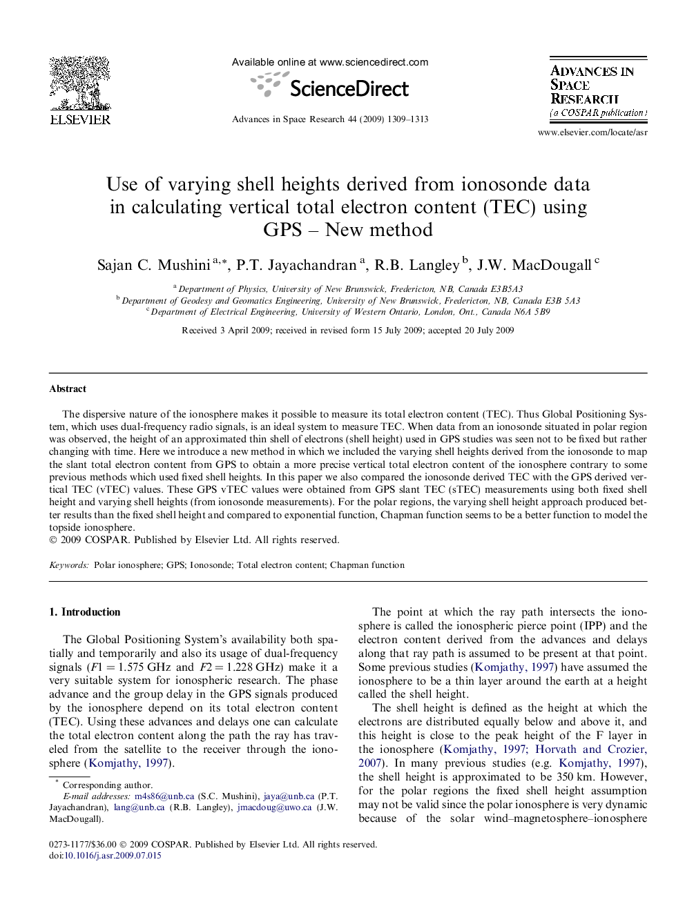 Use of varying shell heights derived from ionosonde data in calculating vertical total electron content (TEC) using GPS - New method