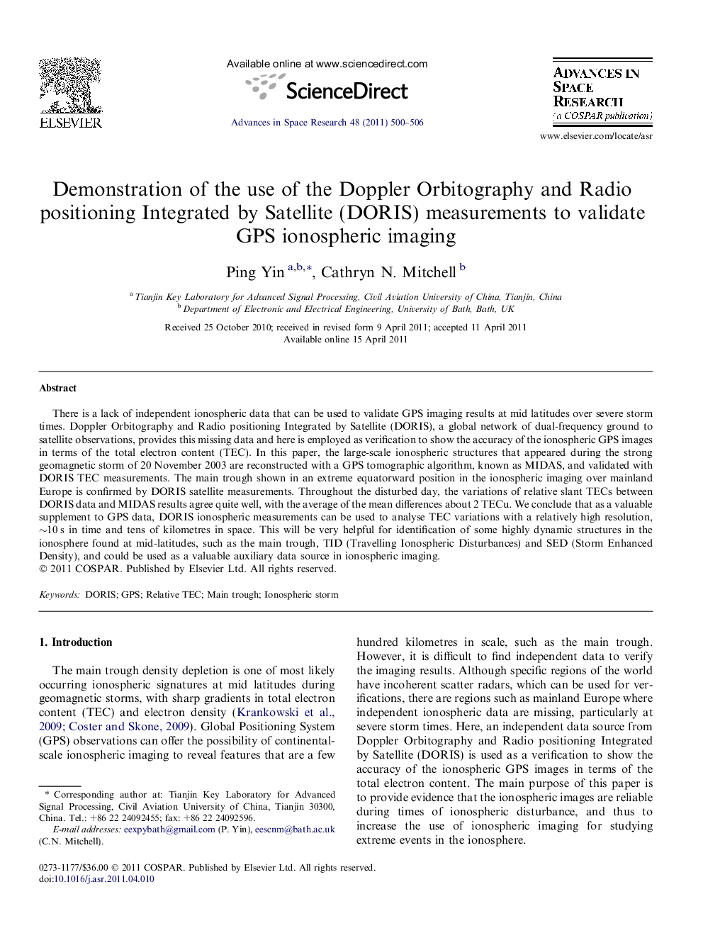 Demonstration of the use of the Doppler Orbitography and Radio positioning Integrated by Satellite (DORIS) measurements to validate GPS ionospheric imaging