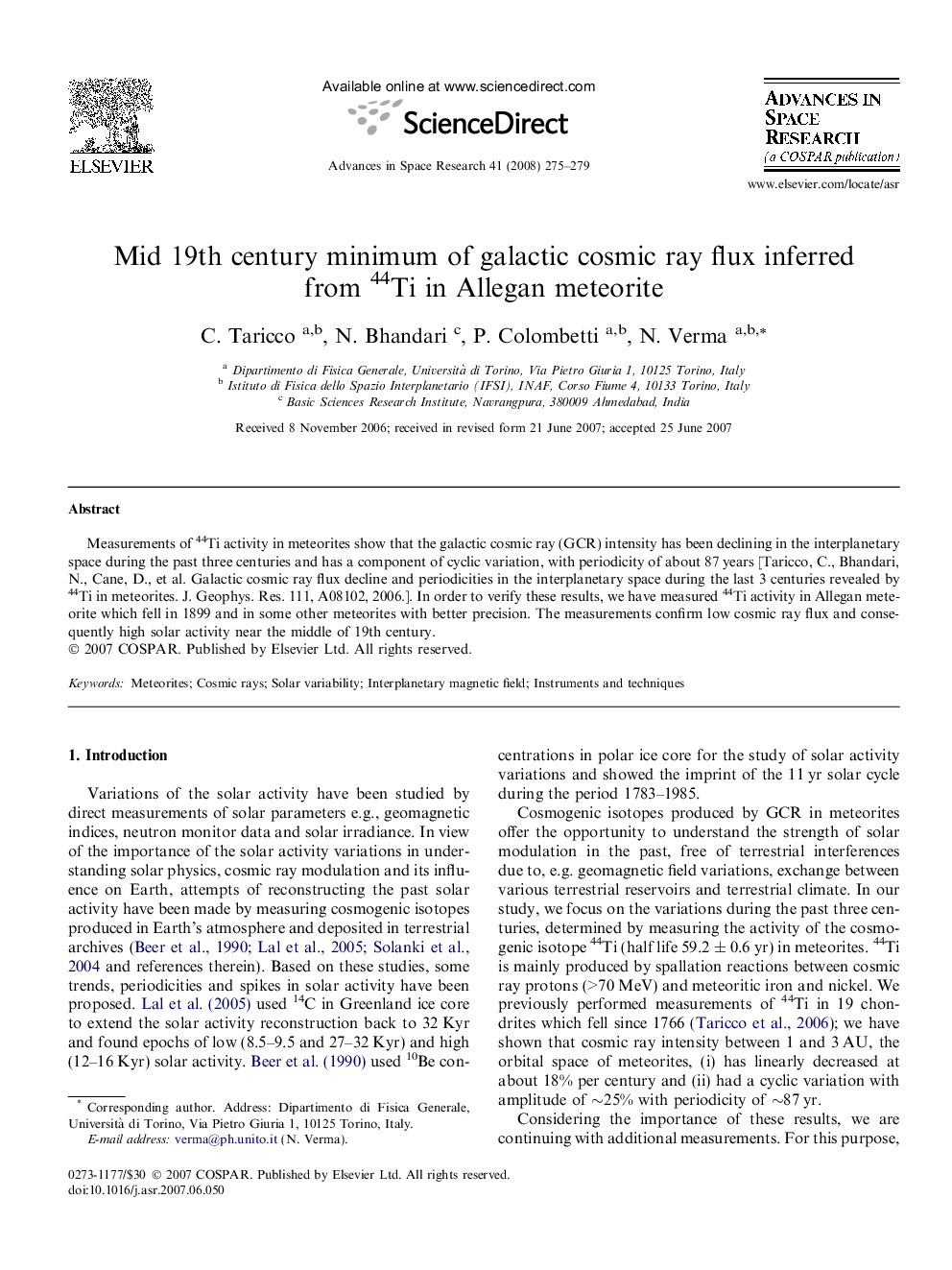 Mid 19th century minimum of galactic cosmic ray flux inferred from 44Ti in Allegan meteorite