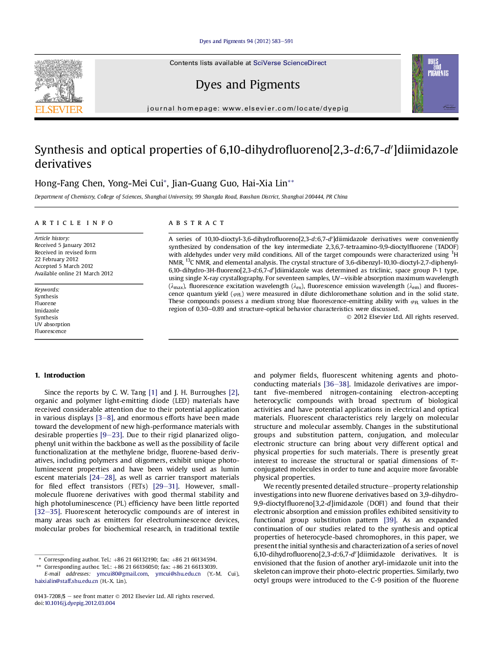 Synthesis and optical properties of 6,10-dihydrofluoreno[2,3-d:6,7-d′]diimidazole derivatives