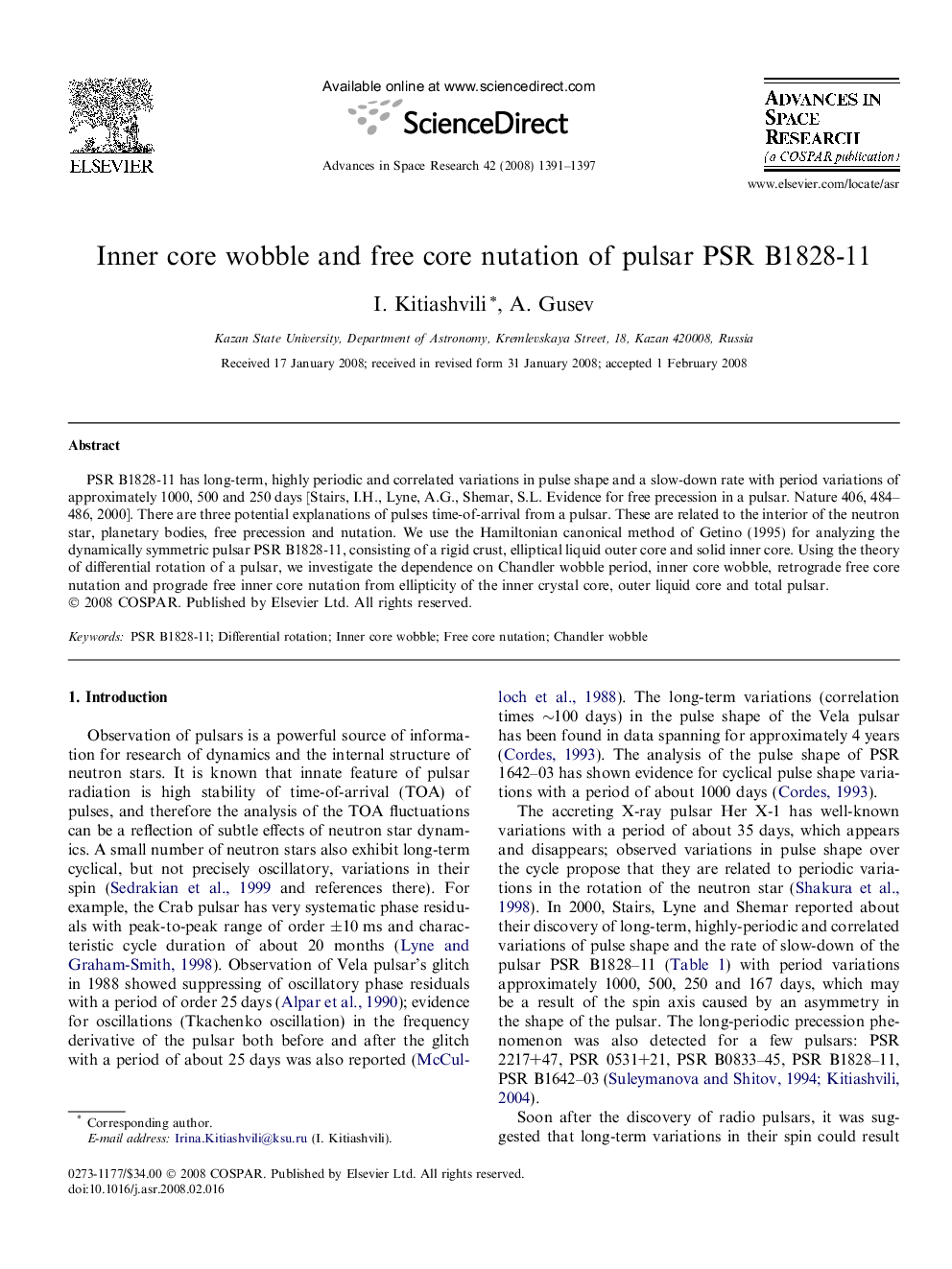 Inner core wobble and free core nutation of pulsar PSR B1828-11