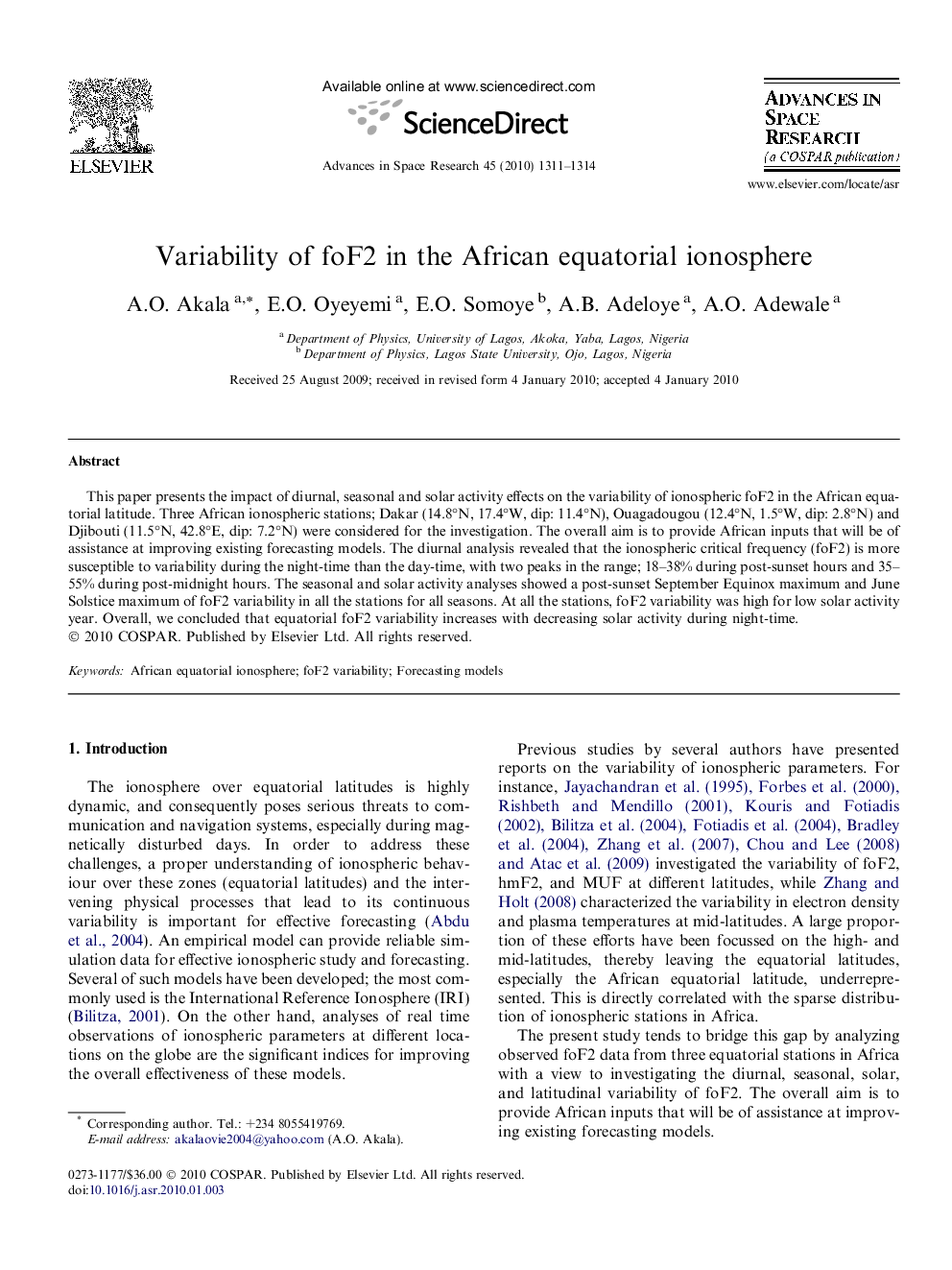 Variability of foF2 in the African equatorial ionosphere