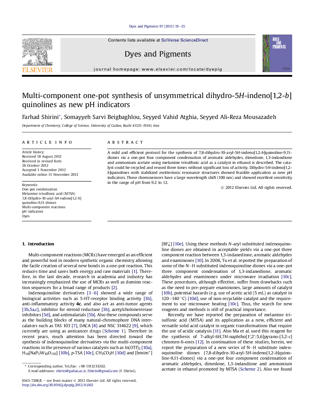 Multi-component one-pot synthesis of unsymmetrical dihydro-5H-indeno[1,2-b]quinolines as new pH indicators