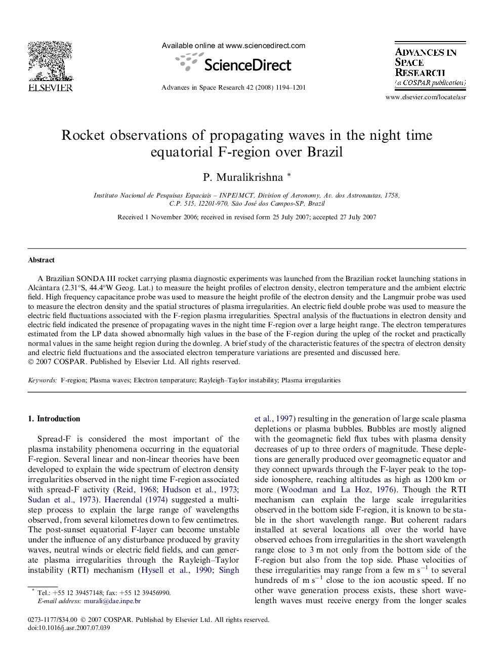 Rocket observations of propagating waves in the night time equatorial F-region over Brazil