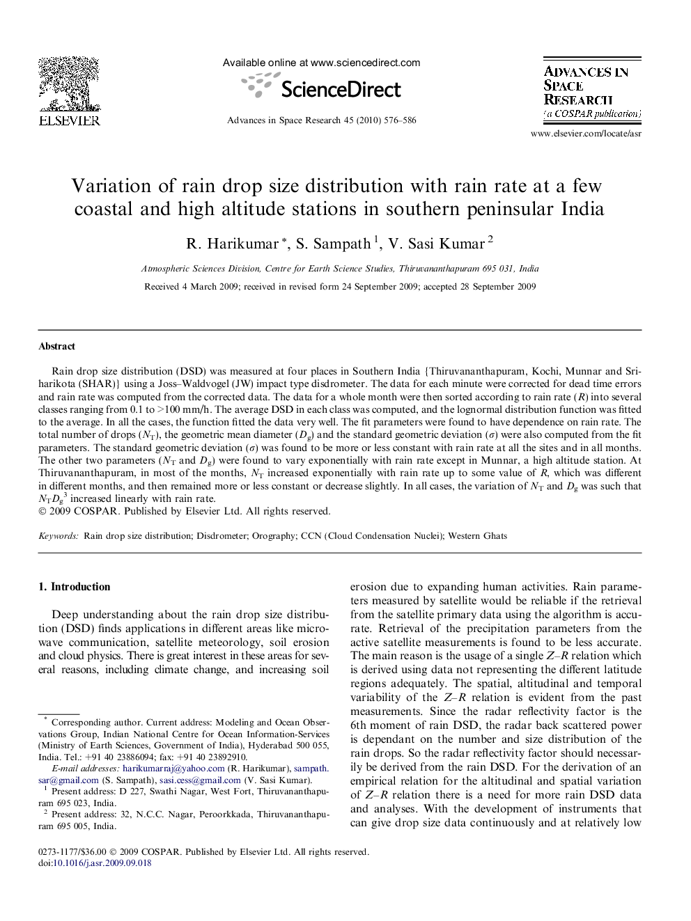 Variation of rain drop size distribution with rain rate at a few coastal and high altitude stations in southern peninsular India