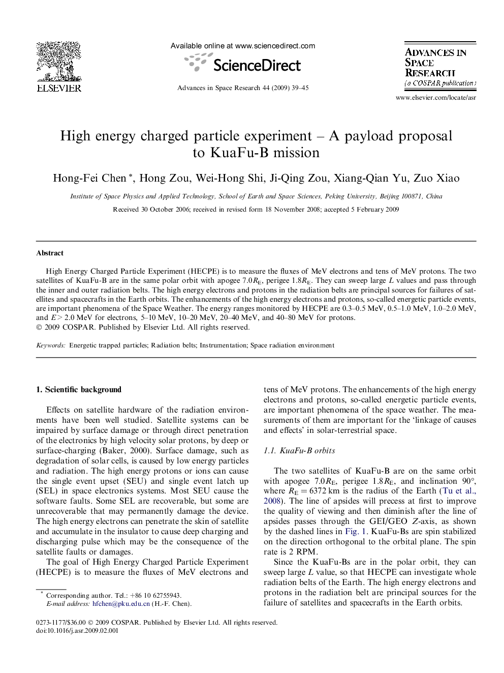 عکس صفحه اول مقاله: High energy charged particle experiment – A payload proposal to KuaFu-B mission High energy charged particle experiment – A payload proposal to KuaFu-B mission
