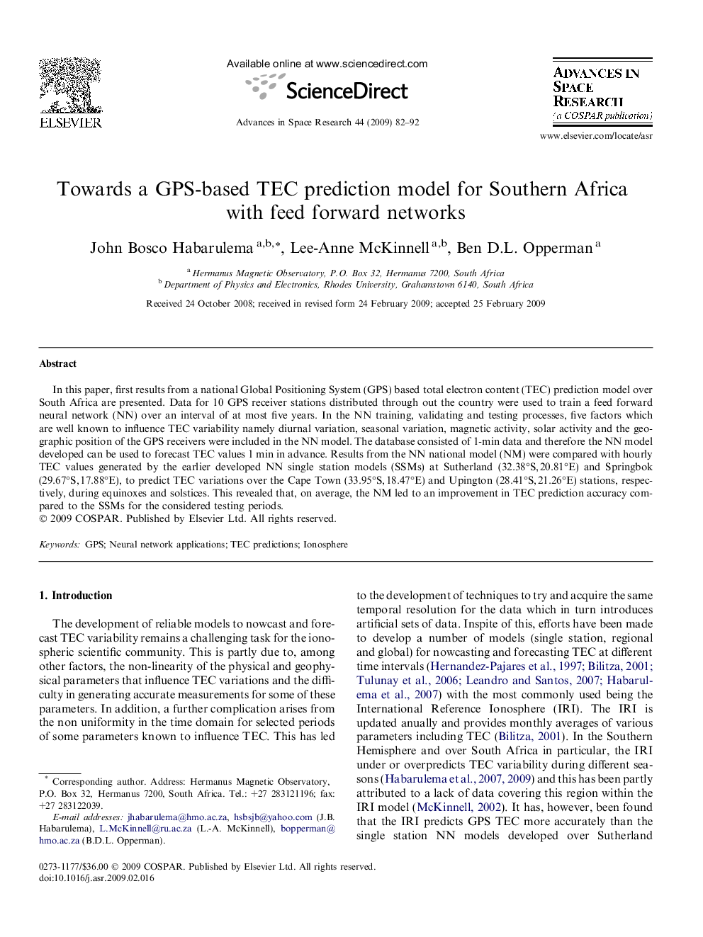 Towards a GPS-based TEC prediction model for Southern Africa with feed forward networks