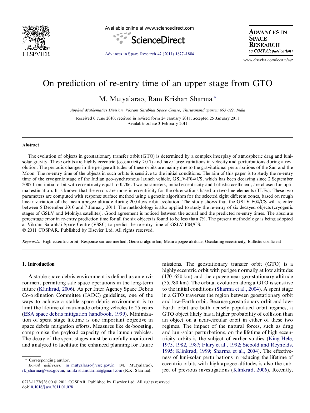 On prediction of re-entry time of an upper stage from GTO