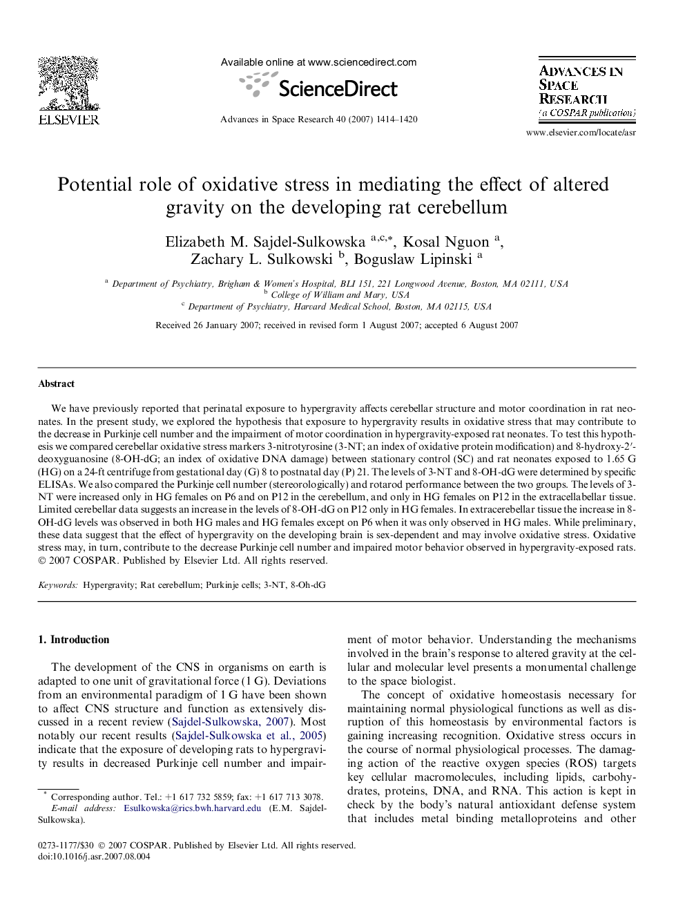 Potential role of oxidative stress in mediating the effect of altered gravity on the developing rat cerebellum