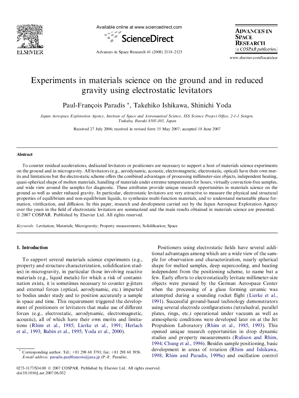 Experiments in materials science on the ground and in reduced gravity using electrostatic levitators