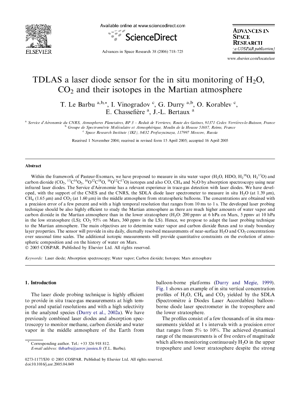 TDLAS a laser diode sensor for the in situ monitoring of H2O, CO2 and their isotopes in the Martian atmosphere