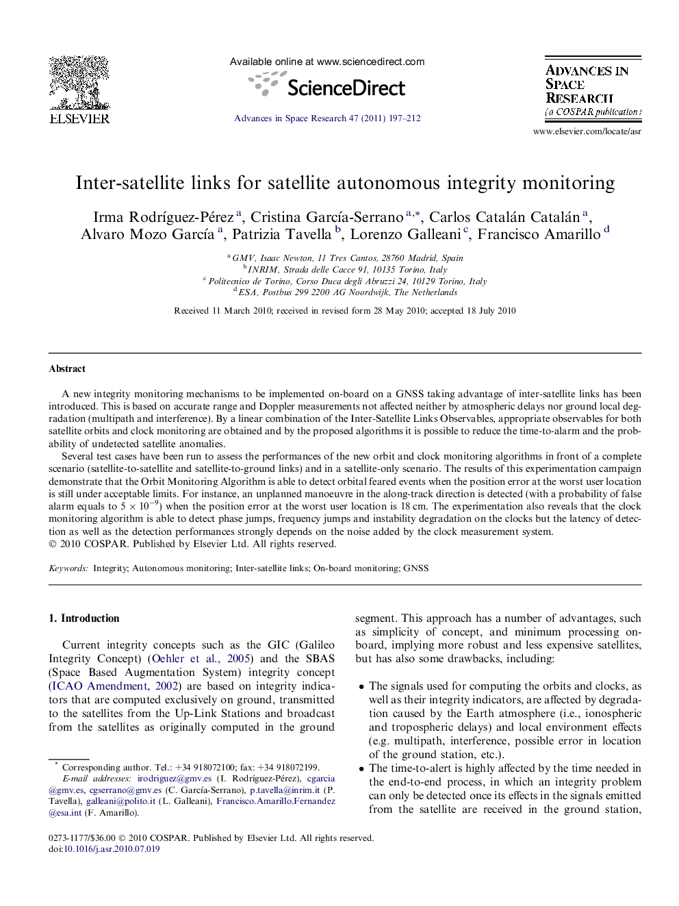 Inter-satellite links for satellite autonomous integrity monitoring