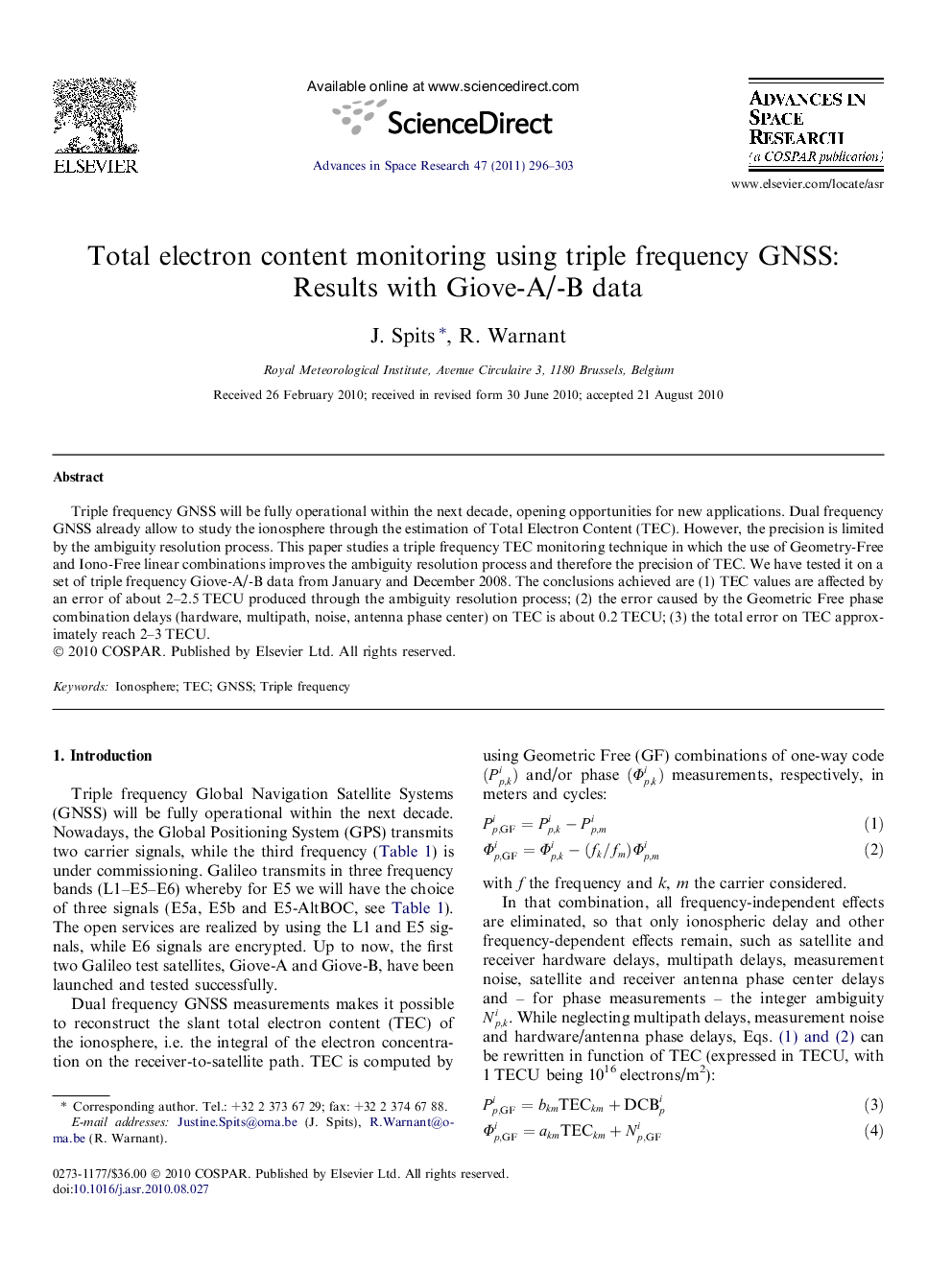 Total electron content monitoring using triple frequency GNSS: Results with Giove-A/-B data