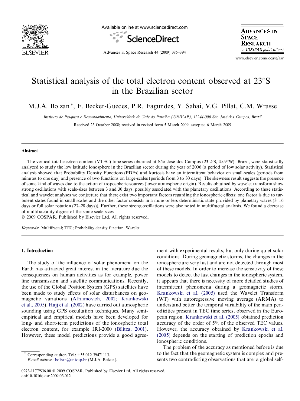 Statistical analysis of the total electron content observed at 23°S in the Brazilian sector