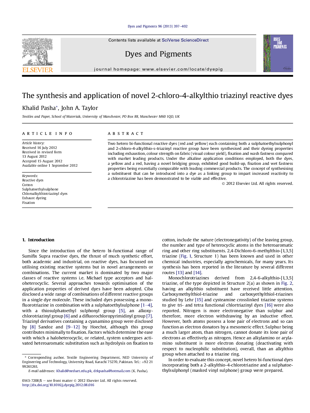 The synthesis and application of novel 2-chloro-4-alkylthio triazinyl reactive dyes