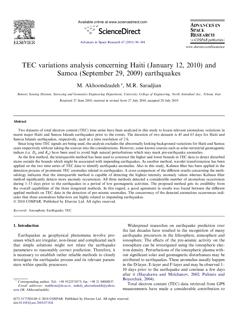 TEC variations analysis concerning Haiti (January 12, 2010) and Samoa (September 29, 2009) earthquakes