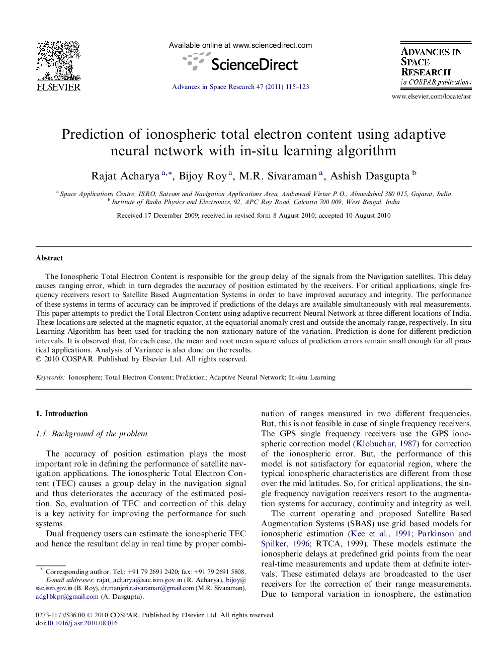 Prediction of ionospheric total electron content using adaptive neural network with in-situ learning algorithm