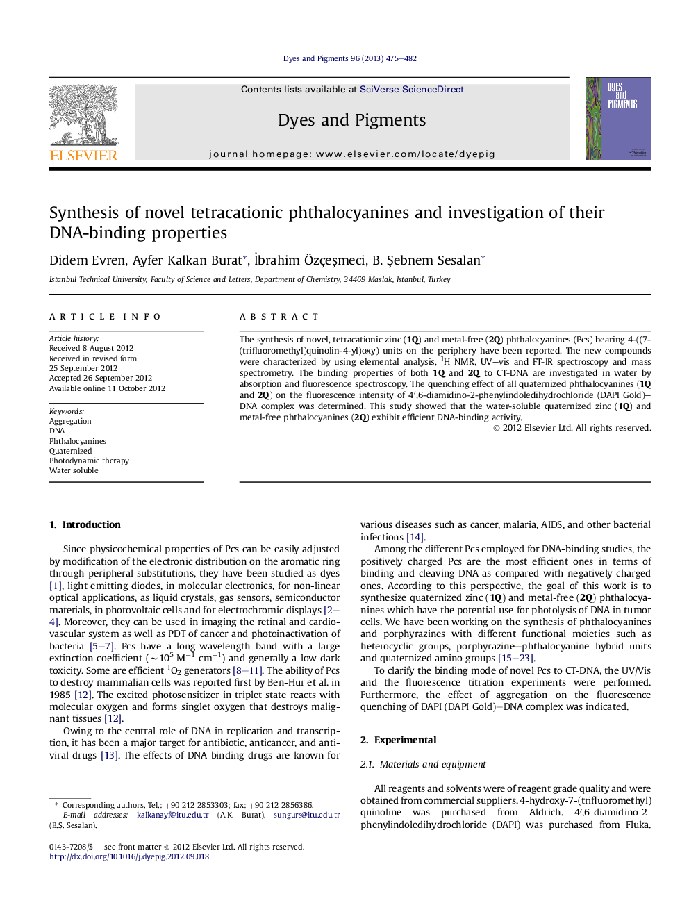 Synthesis of novel tetracationic phthalocyanines and investigation of their DNA-binding properties