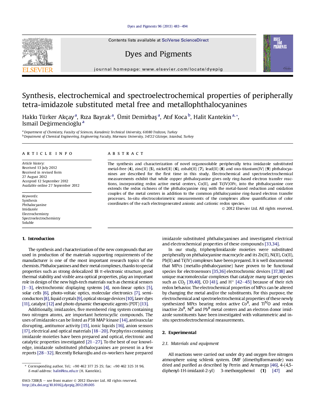 Synthesis, electrochemical and spectroelectrochemical properties of peripherally tetra-imidazole substituted metal free and metallophthalocyanines