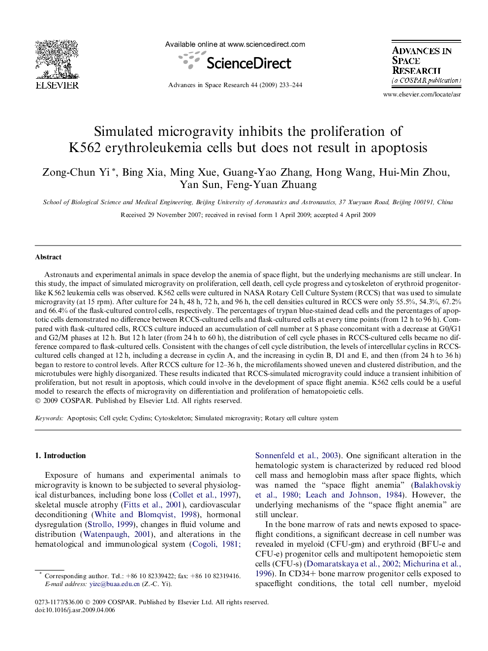 Simulated microgravity inhibits the proliferation of K562 erythroleukemia cells but does not result in apoptosis