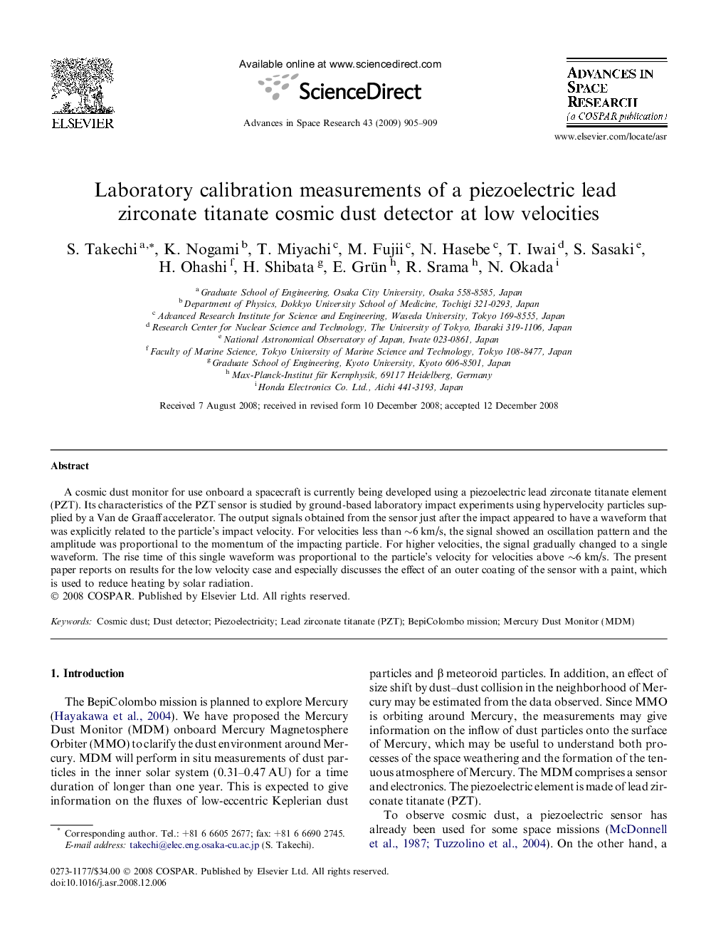 Laboratory calibration measurements of a piezoelectric lead zirconate titanate cosmic dust detector at low velocities