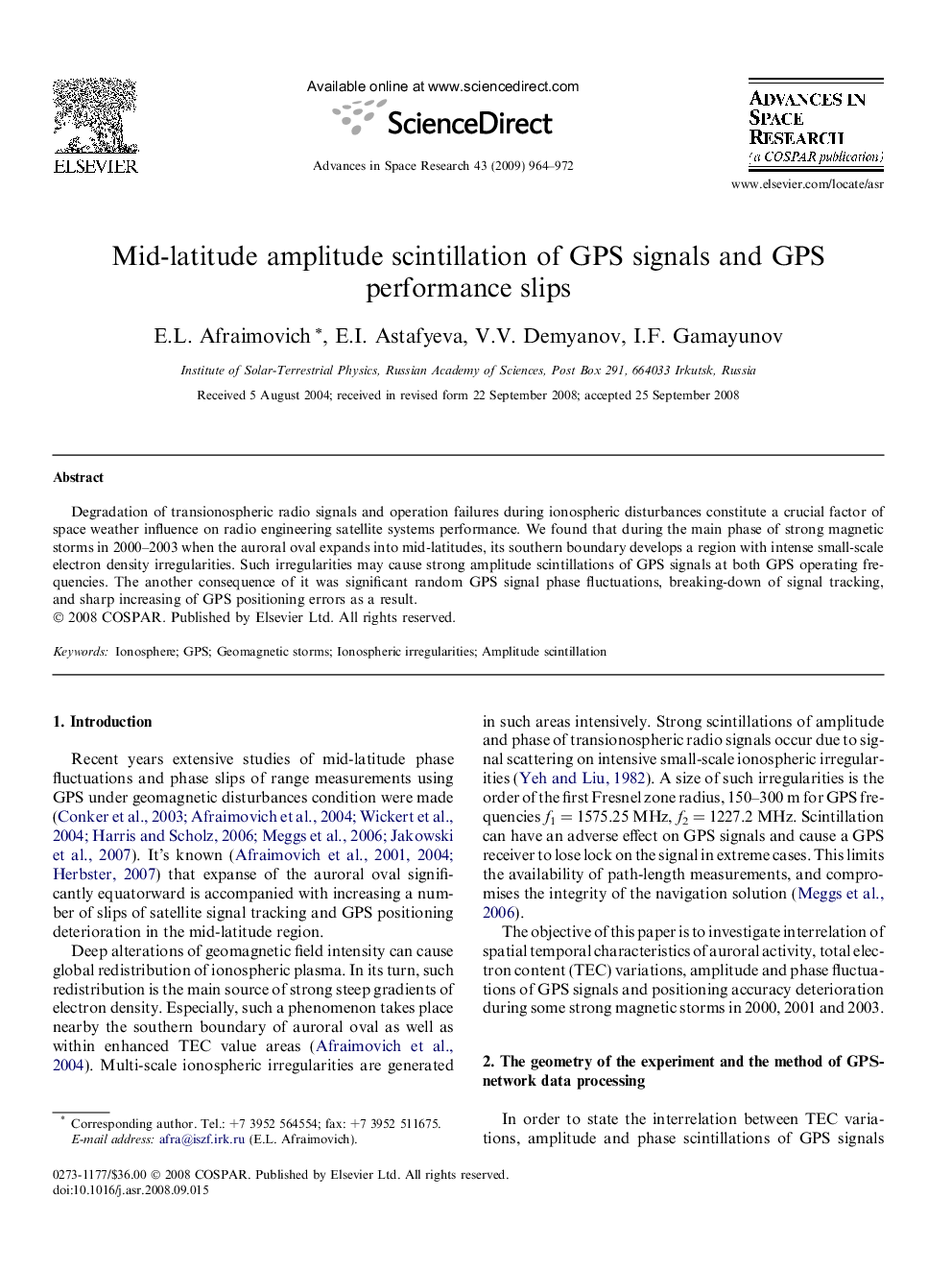 Mid-latitude amplitude scintillation of GPS signals and GPS performance slips