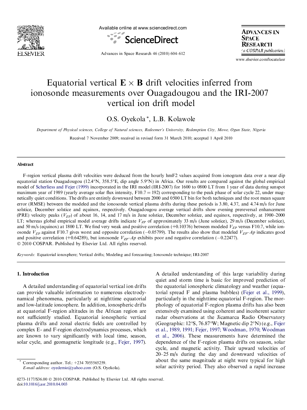 Equatorial vertical E × B drift velocities inferred from ionosonde measurements over Ouagadougou and the IRI-2007 vertical ion drift model