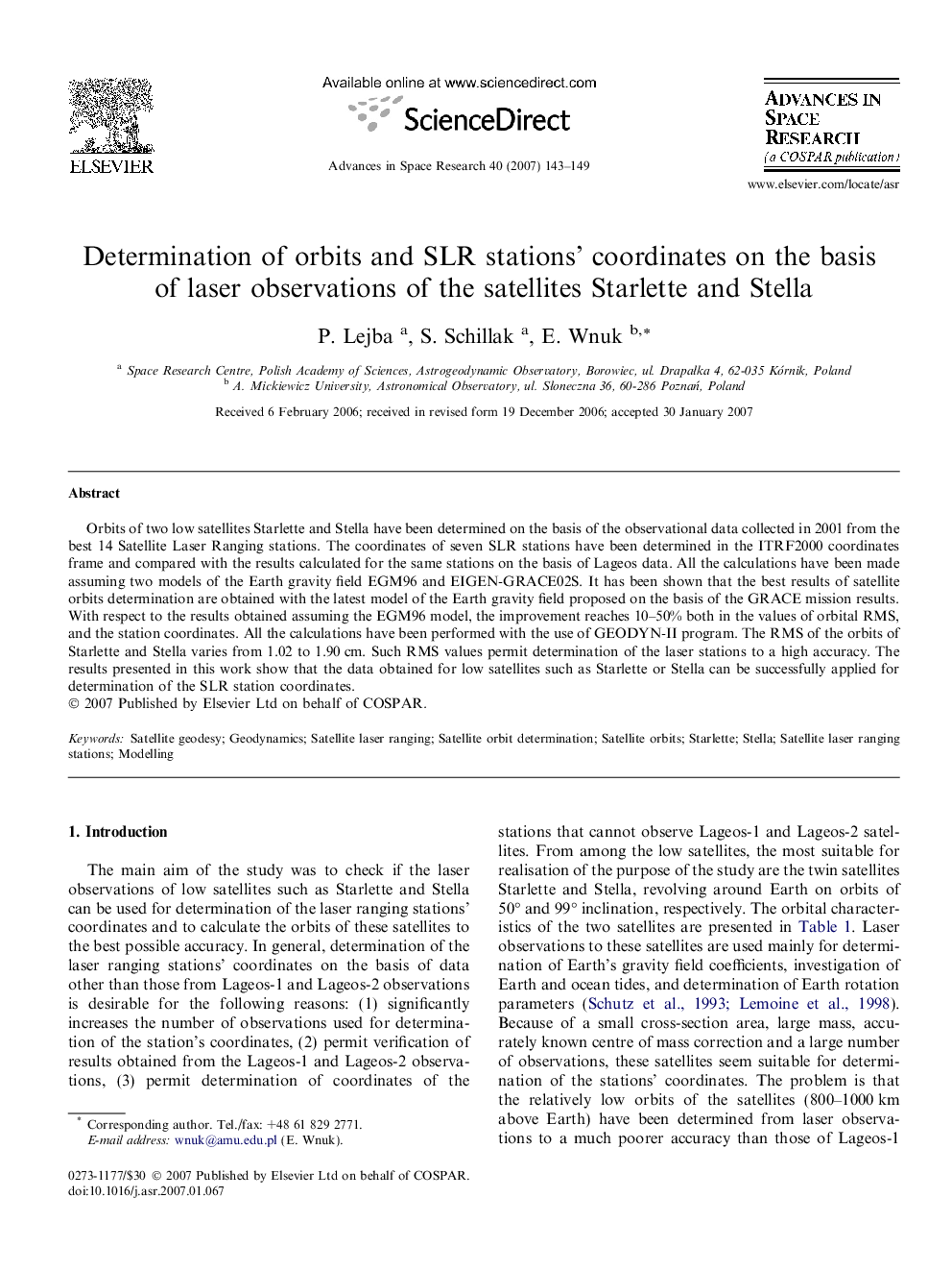 Determination of orbits and SLR stations’ coordinates on the basis of laser observations of the satellites Starlette and Stella