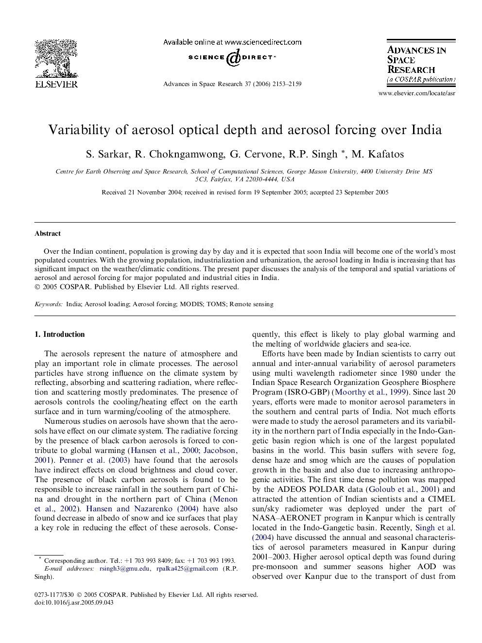 Variability of aerosol optical depth and aerosol forcing over India