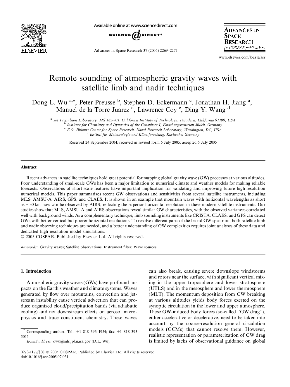 Remote sounding of atmospheric gravity waves with satellite limb and nadir techniques