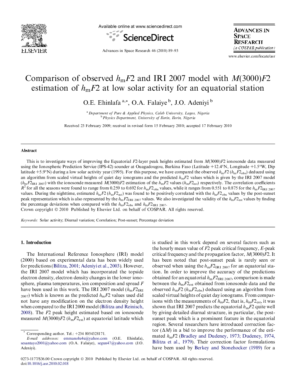 Comparison of observed hmF2 and IRI 2007 model with M(3000)F2 estimation of hmF2 at low solar activity for an equatorial station