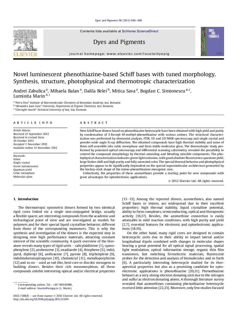 عکس صفحه اول مقاله: Novel luminescent phenothiazine-based Schiff bases with tuned morphology. Synthesis, structure, photophysical and thermotropic characterization Novel luminescent phenothiazine-based Schiff bases with tuned morphology. Synthesis, structure, photophysical and thermotropic characterization