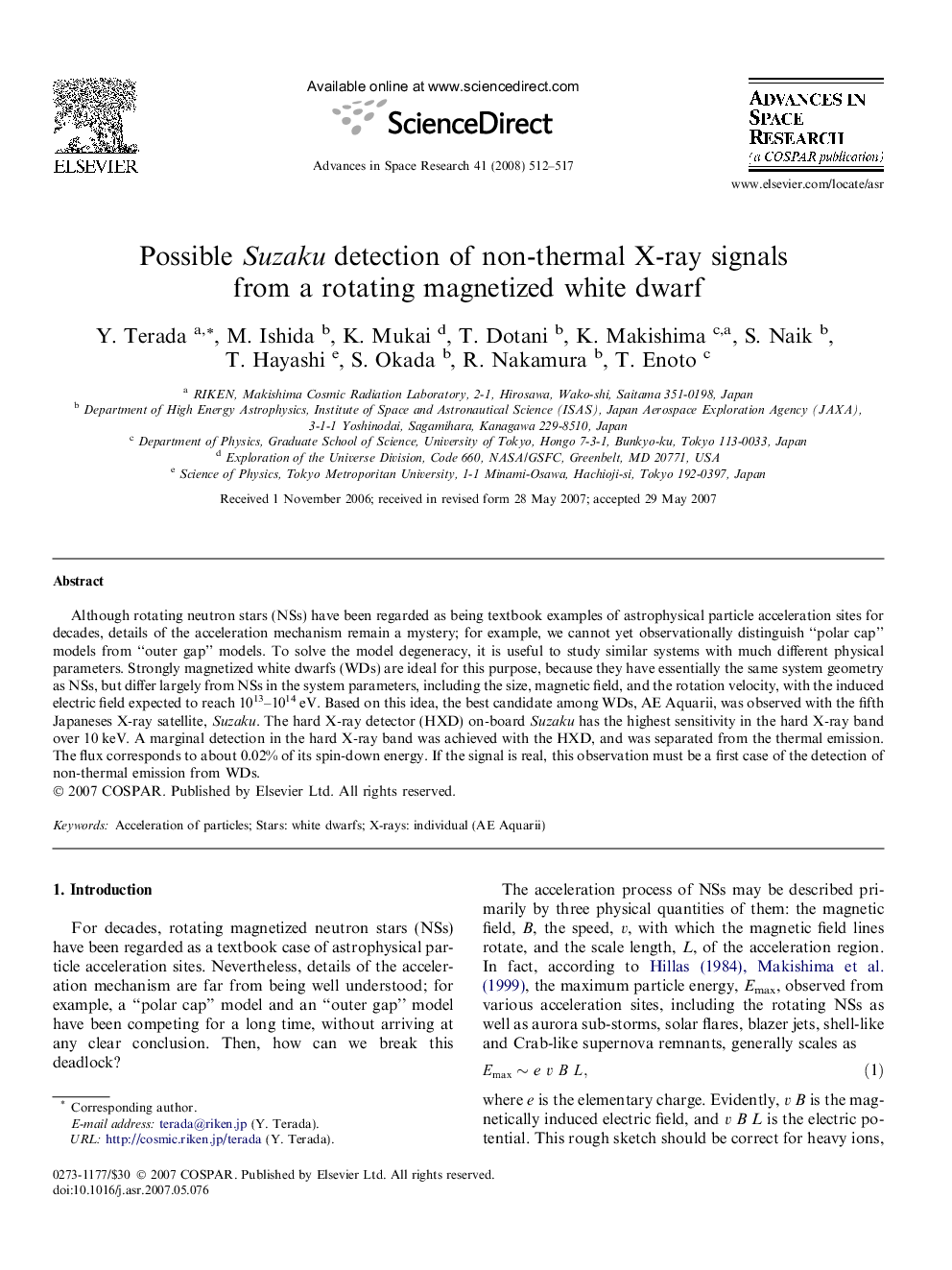 Possible Suzaku detection of non-thermal X-ray signals from a rotating magnetized white dwarf