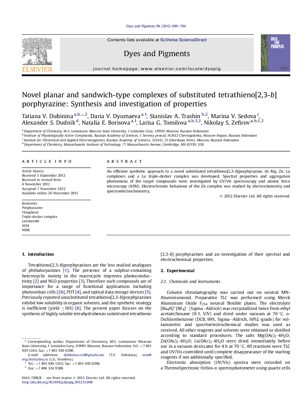 Novel planar and sandwich-type complexes of substituted tetrathieno[2,3-b] porphyrazine: Synthesis and investigation of properties