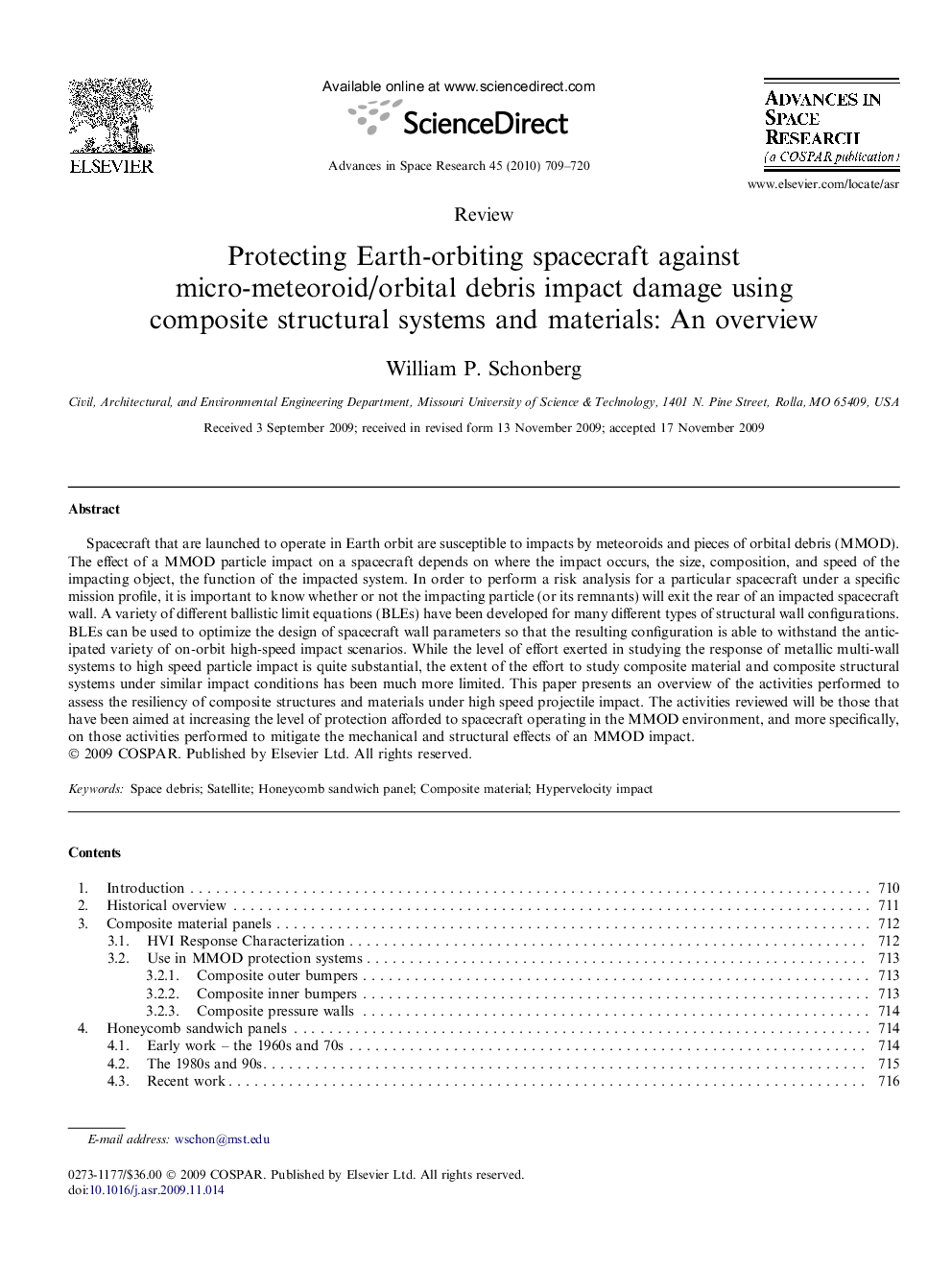 Protecting Earth-orbiting spacecraft against micro-meteoroid/orbital debris impact damage using composite structural systems and materials: An overview