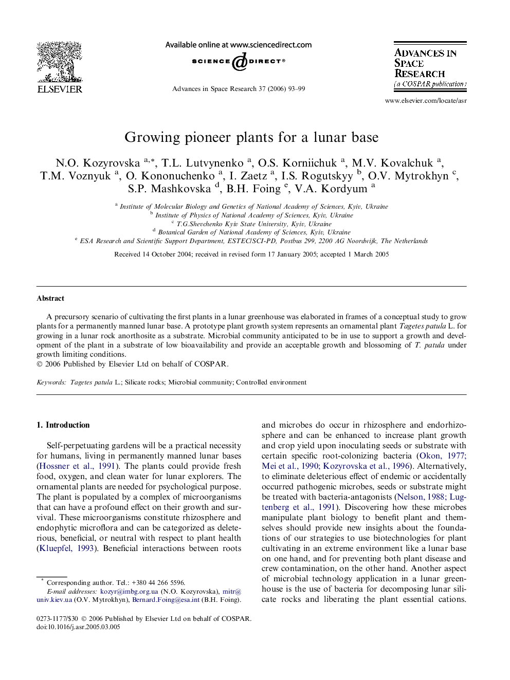 Growing pioneer plants for a lunar base