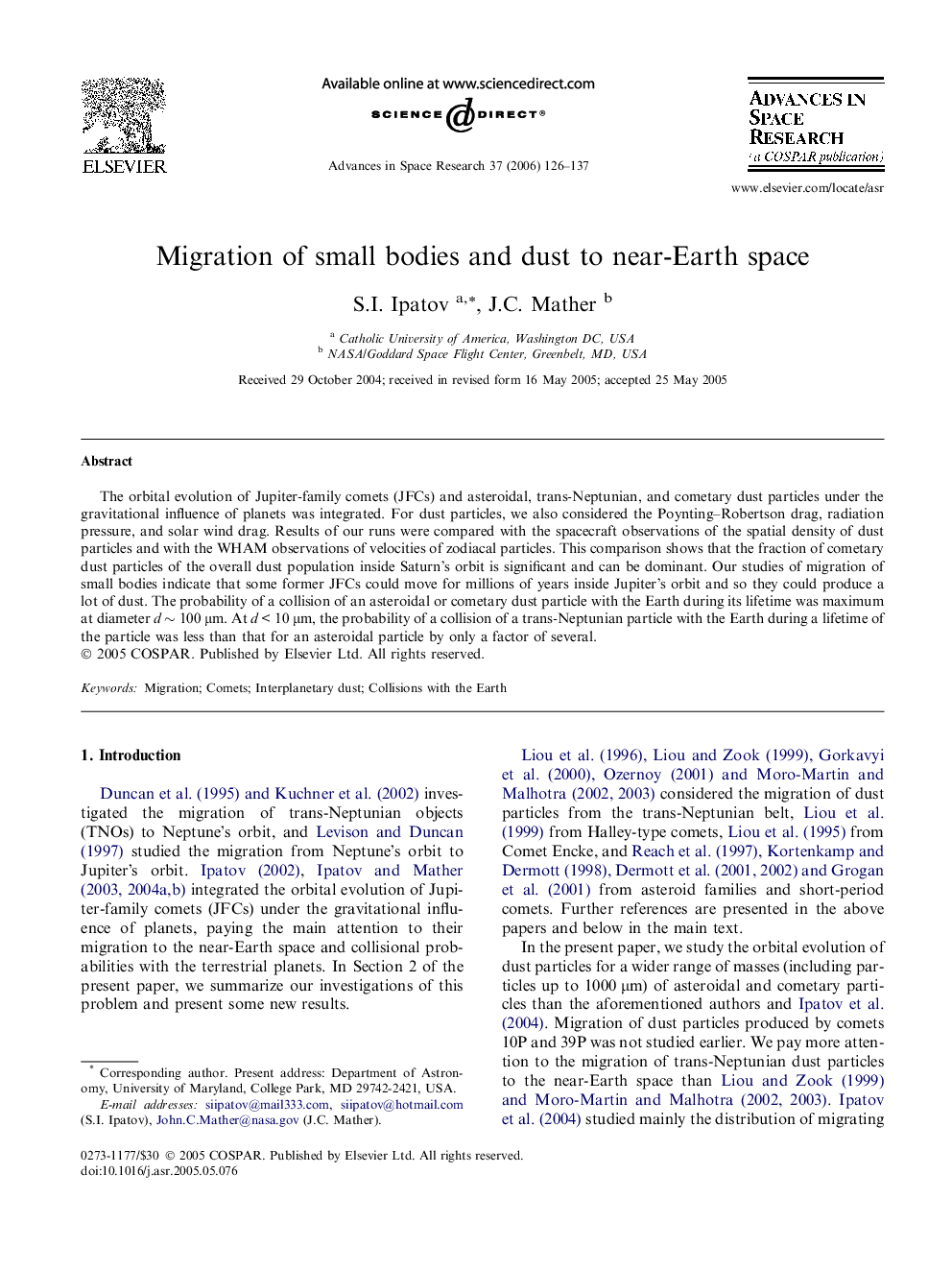 Migration of small bodies and dust to near-Earth space