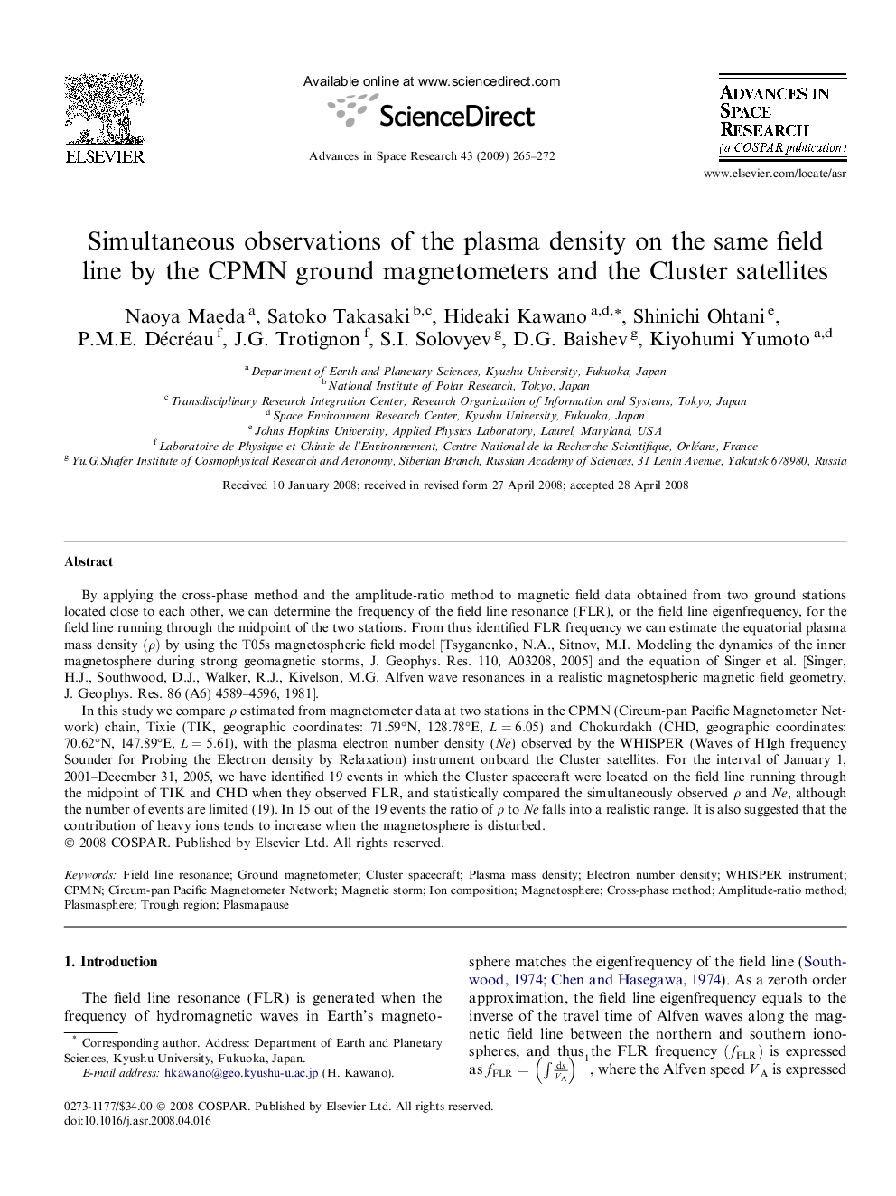 Simultaneous observations of the plasma density on the same field line by the CPMN ground magnetometers and the Cluster satellites