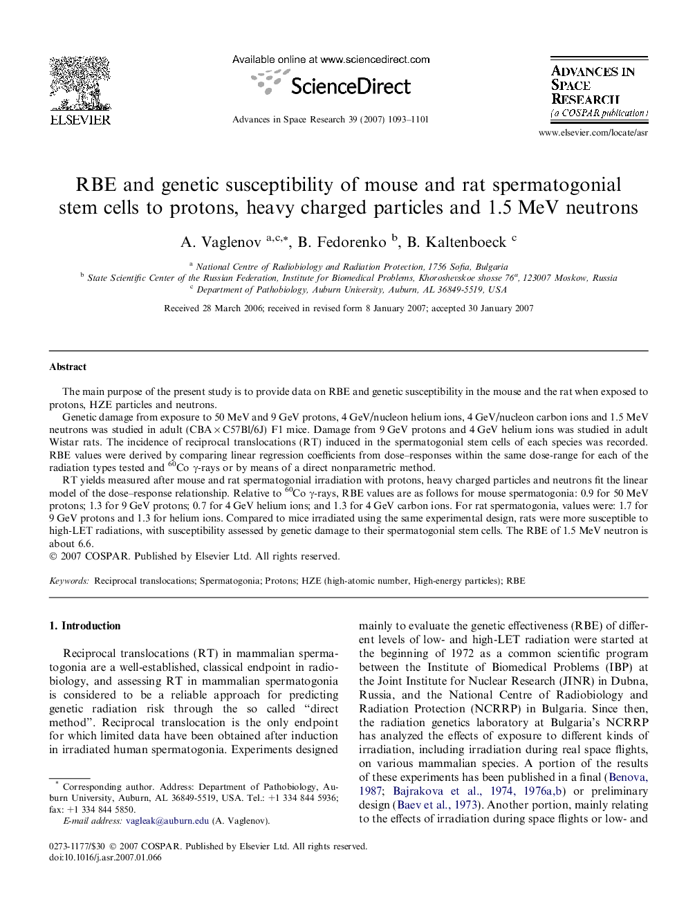 RBE and genetic susceptibility of mouse and rat spermatogonial stem cells to protons, heavy charged particles and 1.5 MeV neutrons