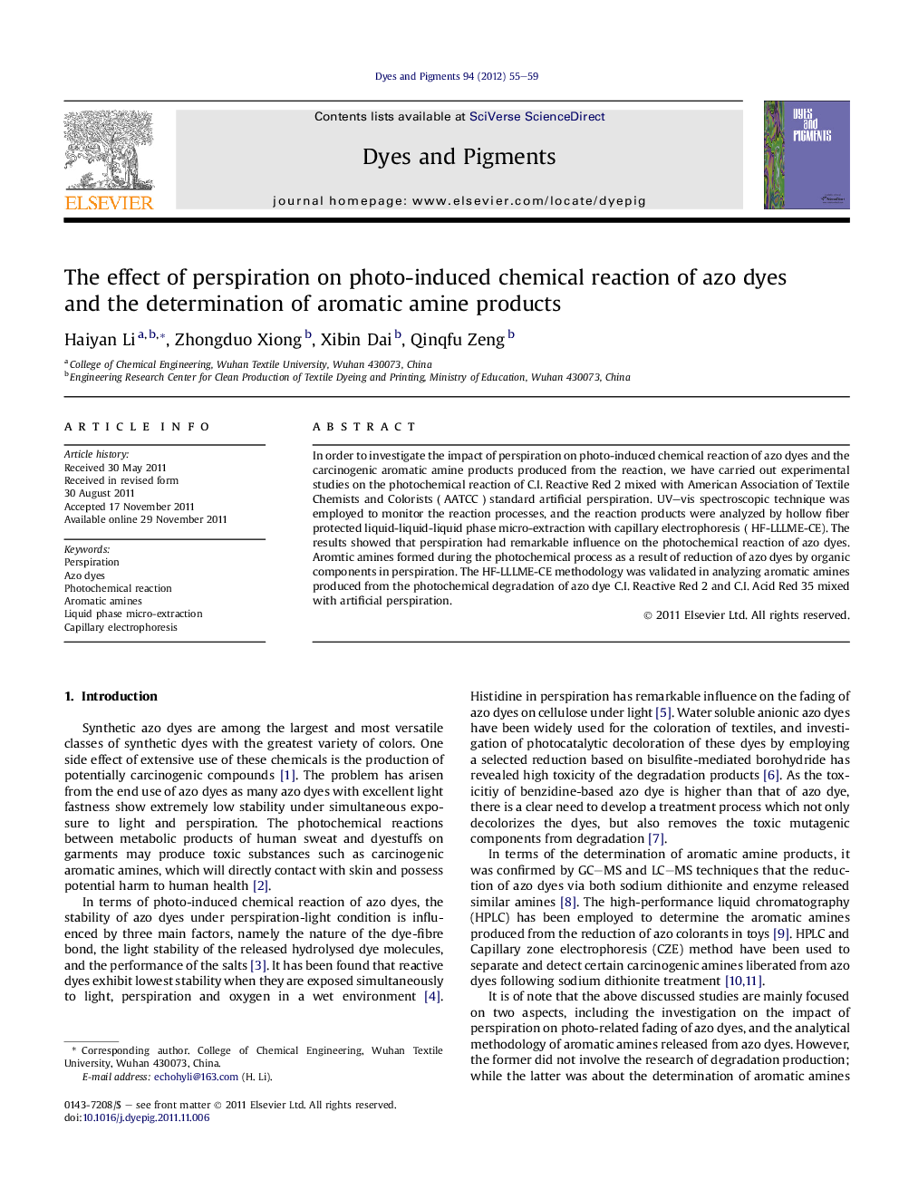 The effect of perspiration on photo-induced chemical reaction of azo dyes and the determination of aromatic amine products