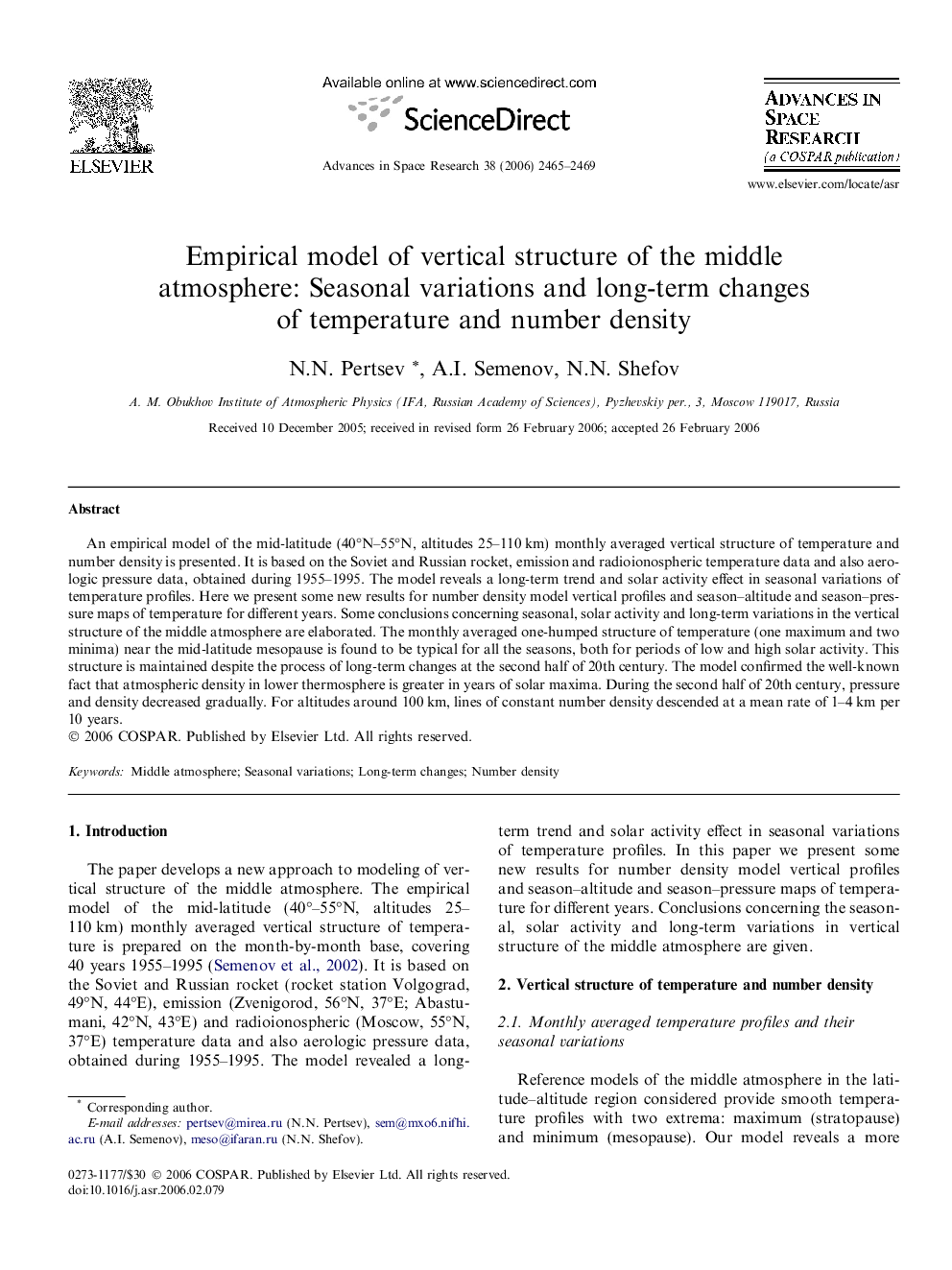 Empirical model of vertical structure of the middle atmosphere: Seasonal variations and long-term changes of temperature and number density