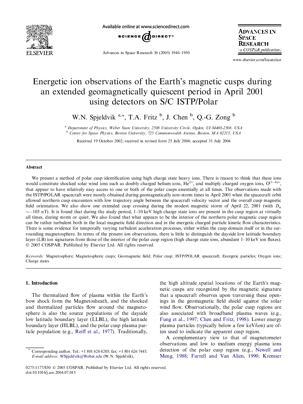 Energetic ion observations of the Earth’s magnetic cusps during an extended geomagnetically quiescent period in April 2001 using detectors on S/C ISTP/Polar