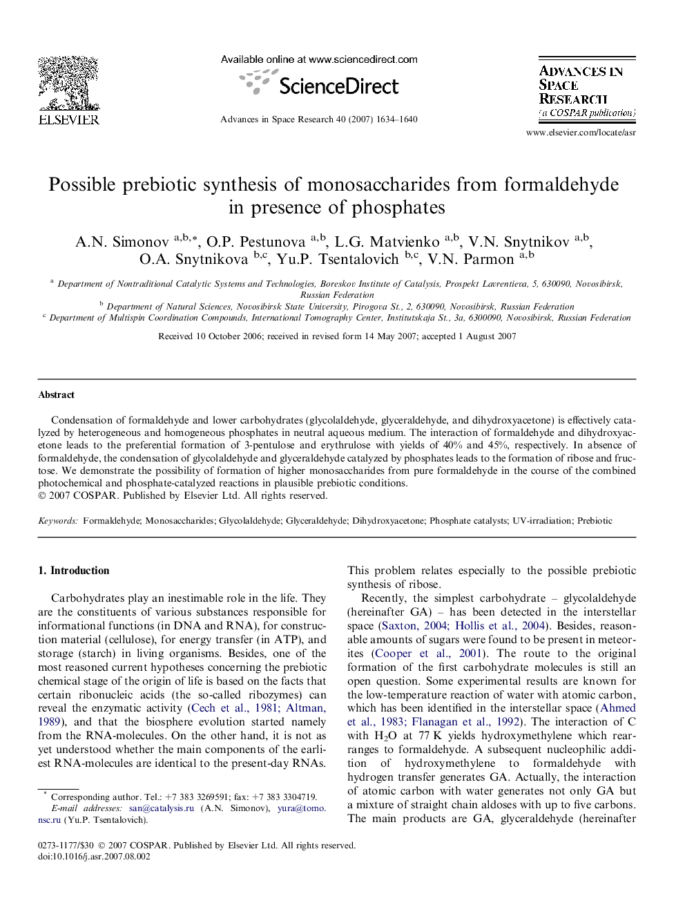 Possible prebiotic synthesis of monosaccharides from formaldehyde in presence of phosphates