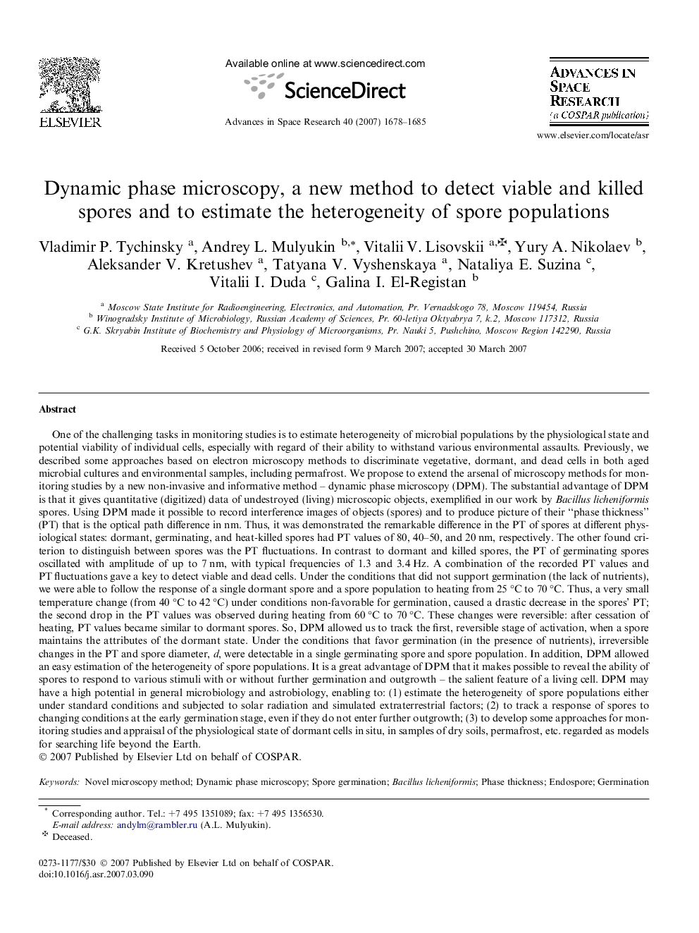 Dynamic phase microscopy, a new method to detect viable and killed spores and to estimate the heterogeneity of spore populations