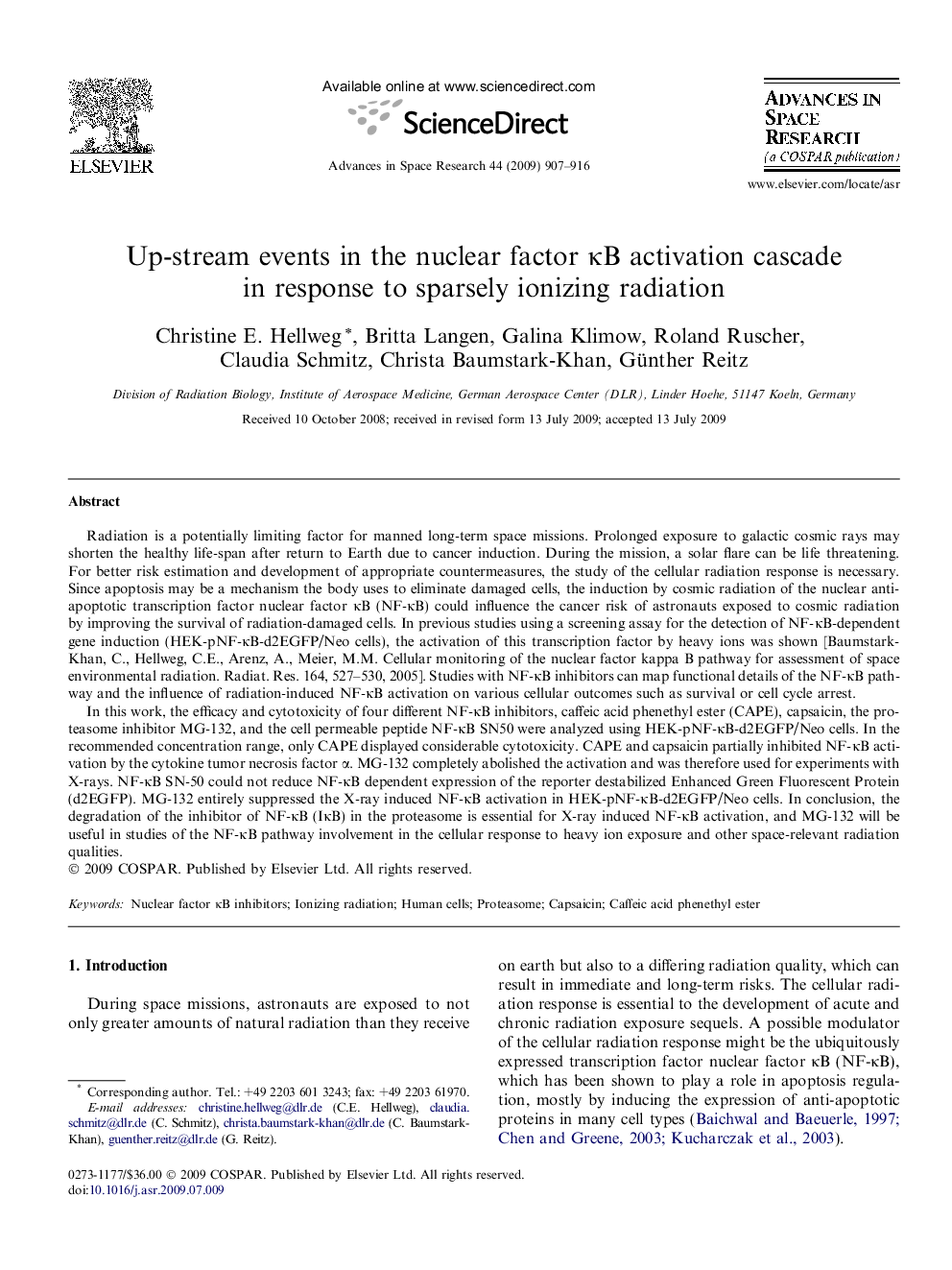 Up-stream events in the nuclear factor ÎºB activation cascade in response to sparsely ionizing radiation